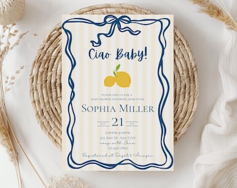 Ciao Baby Lemon Baby Shower Invitation,Italian Baby Shower Invite,Editable Template,Gender Neutral Baby Shower,Bambino Bambina invite,Canva