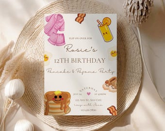May include: A pink and white birthday invitation for a pancake and pajama party. The invitation features a cartoon pancake, a glass of orange juice, and a pair of pajamas. The text on the invitation reads "Flip on over for Rosie's 12th Birthday Pancake & Pajama Party Saturday, July 24 at 4:00PM 123 Any St. Any City RSVP with Jane 123-456-7890".