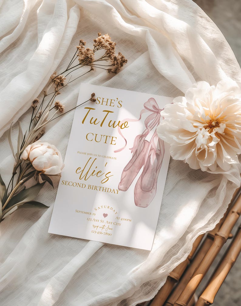 She’s tuTWO cute birthday party invitation,tutu birthday invite,Ballerina birthday party invitation,second birthday invite,EDITABLE template image 2