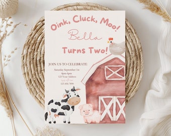 May include: A pink and white invitation card with a red barn, a cow, a pig, and a chicken. The text on the card reads "Oink, Cluck, Moo! Bella Turns Two!" and includes details for a farm-themed birthday party.