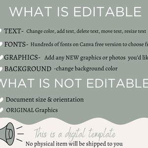 May include: A green and white graphic with the text "WHAT IS EDITABLE" and "WHAT IS NOT EDITABLE". The graphic lists editable and non-editable features of a digital template. The text "This is a digital template. No physical item will be shipped to you." is also included.