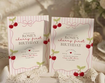 My cherry first birthday party invitation,cherry themed 1st birthday invite,coquette birthday,girl birthday invite,EDITABLE template,canva