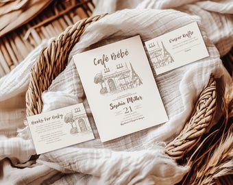 Cafe Bebe baby shower invitation suite,coffee themed baby shower invite,gender neutral coffee baby shower invite,EDITABLE template,Canva