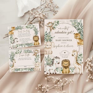 La nostra suite di inviti per baby shower più avventurosa di sempre, invito per baby shower neutro in stile giungla, invito per baby shower safari, modello MODIFICABILE