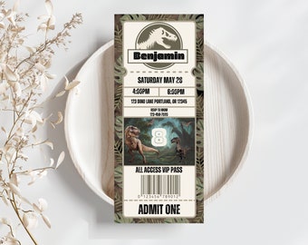 Dinosaur birthday ticket invitation,Dinosaur birthday party invite,customizable birthday invitation,T. rex birthday invite,raptor birthday