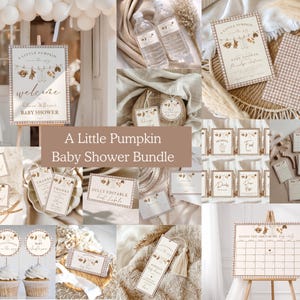May include: A baby shower stationery bundle featuring a pumpkin and autumn leaf theme with brown gingham borders. Includes a welcome sign, invitations, water bottle labels, thank you cards, food labels, cupcake toppers, and a calendar game.