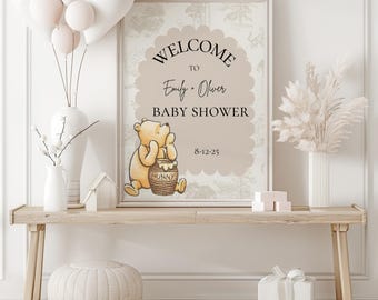 Our little honey is almost due baby shower welcome sign,classic Winnie the Pooh bear baby shower welcome sign,baby shower decoration,Canva