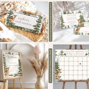 May include: A collection of baby shower stationery featuring a woodland theme with watercolor deer and pine trees. Includes a 5.25x5.75 inch chocolate wrapper, 5x3.5 inch raffle cards, an 18x24 inch welcome sign, and a 24x18 inch due date calendar.