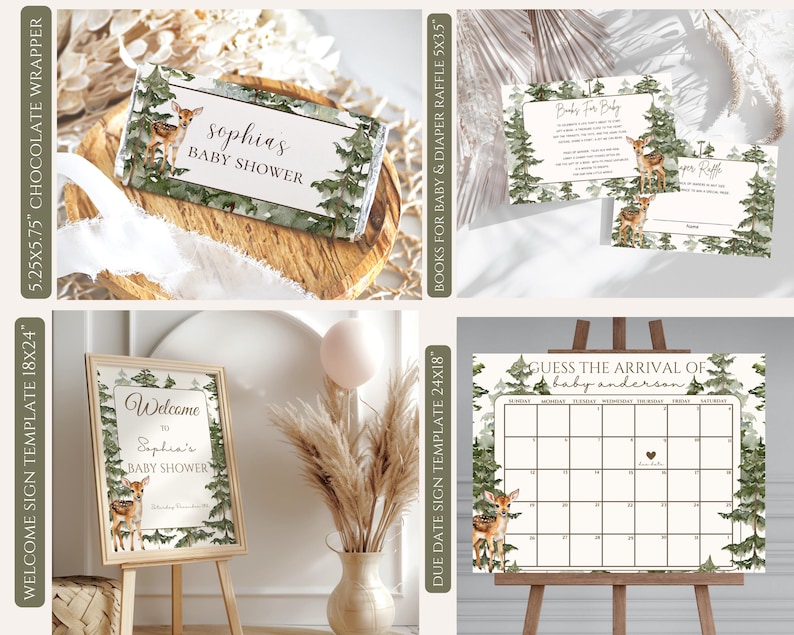May include: A collection of baby shower stationery featuring a woodland theme with watercolor deer and pine trees. Includes a 5.25x5.75 inch chocolate wrapper, 5x3.5 inch raffle cards, an 18x24 inch welcome sign, and a 24x18 inch due date calendar.