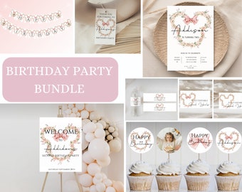 Bearbeitbares Minnie-Geburtstags-Bundle, einfache Minnie-Einladung, florale Minnie-Einladung, Einladung für jedes Alter, sofortiger Download, einfache Bearbeitung, Party-Bundle