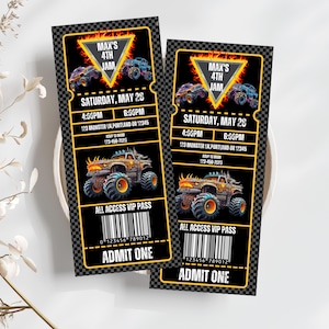 K&ouml;nnte beinhalten: Zwei schwarze und gelbe Monstertruck-Partyeinladungskarten mit einem Monstertruck-Motiv, dem Text "Max's 4th Jam" und dem Datum "Samstag, 28. Mai".