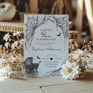 A little boo is almost due baby shower invitation,boy Halloween baby shower invite,spooky baby shower blue invite,EDITABLE template,Canva