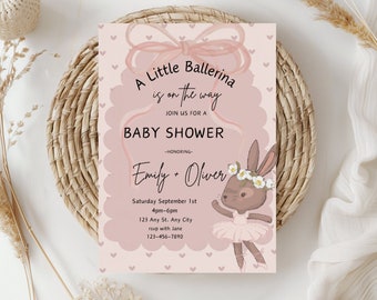 May include: A pink baby shower invitation with a cartoon bunny ballerina wearing a pink tutu and a flower crown. The text reads "A Little Ballerina is on the way" and includes the names "Emily + Oliver" and the date "Saturday September 1st".
