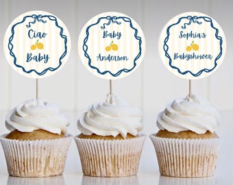 Ciao Baby Citron Baby Shower cupcake topper, italiensk babyshower, redigerbar mall, könsneutral babyshowerdekor, bambino Bambina, canvas