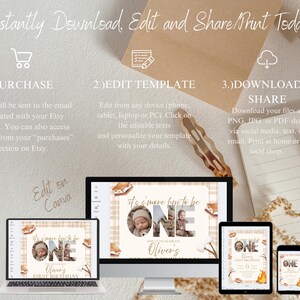 May include: A digital invitation template with the text "It's s'more fun to be ONE" for a first birthday. The design includes a photo, marshmallows, and a plaid background. Instructions for purchase, editing, and sharing are also included.