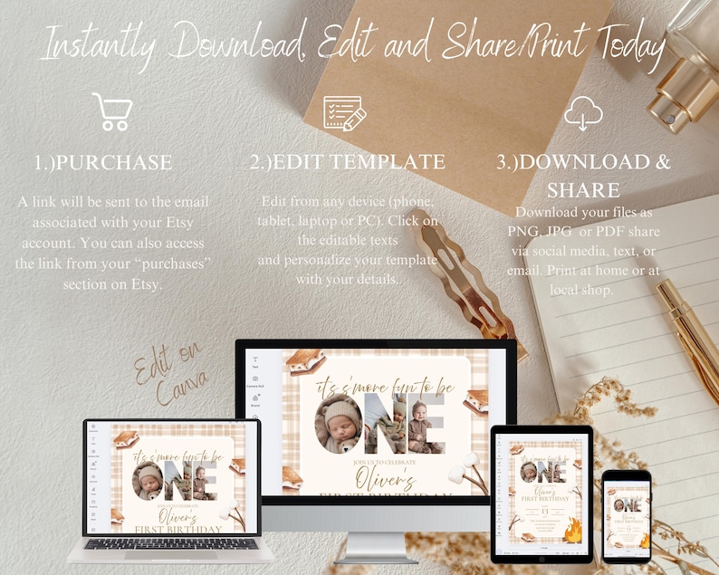 May include: A digital invitation template with the text "It's s'more fun to be ONE" for a first birthday. The design includes a photo, marshmallows, and a plaid background. Instructions for purchase, editing, and sharing are also included.