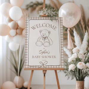 We can barely wait baby shower Welcome Sign,Bear baby shower,Teddy Bear decorations,gender neutral gingham sign,editable template, Canva