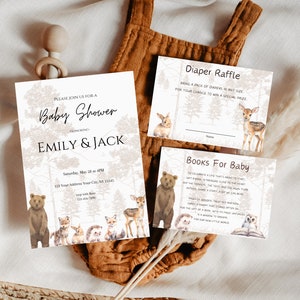 Woodland Baby Shower Invitation Set, EDITABLE Gender Neutral Pack, woodland animals invitations,Package, Woodland Theme Instant download