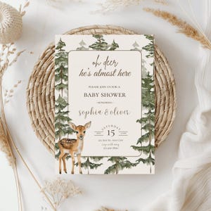 Oh Hirsch, er ist fast hier, Babypartyeinladung, Hirsch-Babypartyeinladung, Wald-Babyparty, Waldeinladung, EDITIERBARE Vorlage, Canva