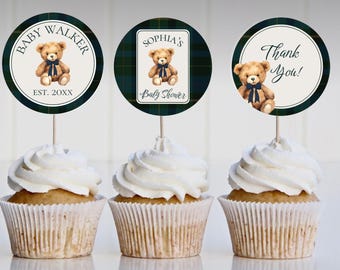 Adornos editables para cupcakes de Baby Shower de Polo Teddy, cuadros clásicos neutros, cuadros escoceses ecuestres, osito de peluche Lauren, plantilla editable, Canva