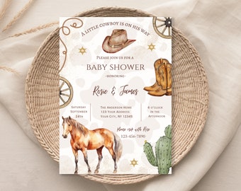 En liten cowboy är på väg babyshowerinbjudan, cowboy babyshowerinbjudan, western-tema babyshowerinbjudan, redigerbar mallinbjudan