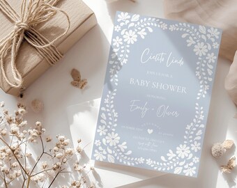 Blå Cielito Lindo babyshowerinbjudan, mexikanskt tema babyshowerinbjudan, könsneutral babyshowerinbjudan, REDIGERINGSBAR mall, Canva