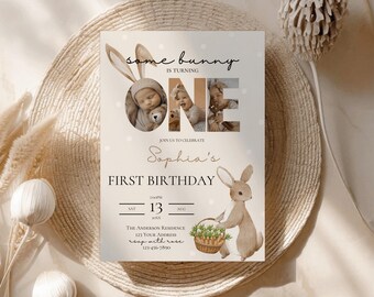 Some bunny is turning ONE birthday party invitation,gender neutral first birthday invite,EDITABLE template,bunny 1st birthday invite,Canva