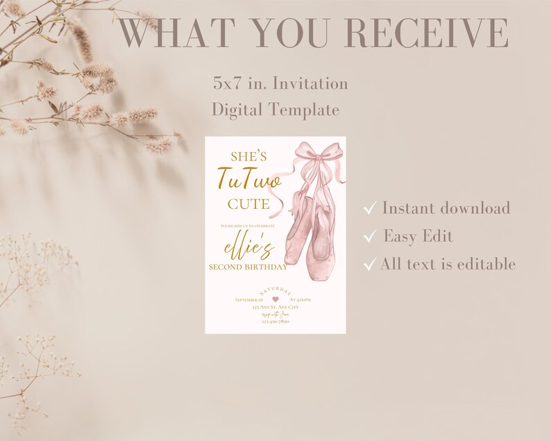 She’s tuTWO cute birthday party invitation,tutu birthday invite,Ballerina birthday party invitation,second birthday invite,EDITABLE template image 5