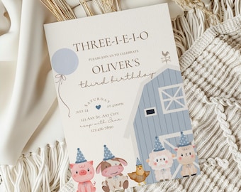Blue Farm Birthday Invitation,Three-I-E-I-O 3rd Birthday Invite,Barnyard Boy Party,Farm Animal Party Printable,Editable Template,Canva