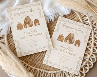 Könnte beinhalten: Zwei cremefarbene Einladungen mit Lebkuchenhaus-Motiv. Der Text lautet "Gingerbread House Decorating Party!" und "Mary Beth's 30th Birthday". Das Design umfasst Lebkuchenhaus-Illustrationen und dekorative Bordüren.