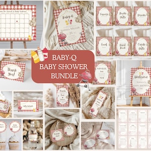 May include: A collection of baby shower decorations with a red and white gingham pattern. The bundle includes invitations, signs, cupcake toppers, and a calendar. The theme is "Baby-Q" with illustrations of a grill and baby-related items.