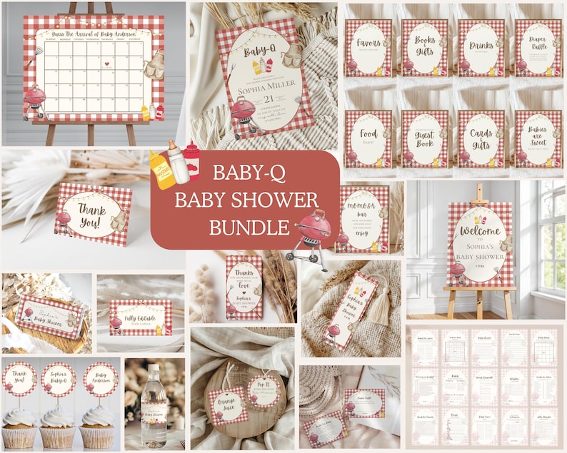 May include: A collection of baby shower decorations with a red and white gingham pattern. The bundle includes invitations, signs, cupcake toppers, and a calendar. The theme is "Baby-Q" with illustrations of a grill and baby-related items.