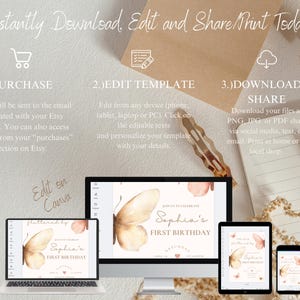 May include: A digital invitation template for a first birthday, featuring a butterfly design. The image shows the template displayed on a laptop, desktop monitor, tablet, and smartphone. Instructions for purchase, editing, and sharing are included.