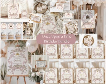 May include: A collection of party decorations with a fairytale theme. The items include signs, cupcake toppers, and labels, all featuring a pink and gold color scheme with floral and ribbon accents. The text "Once Upon A Time Birthday Bundle" is visible.