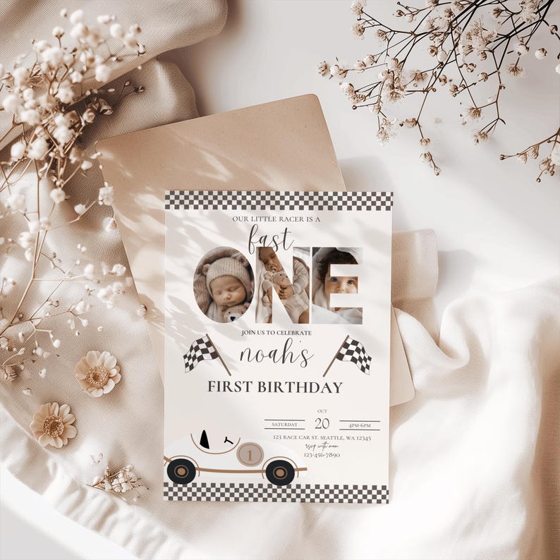 May include: A white and black checkered birthday invitation with a photo of a baby in a race car themed design. The invitation says "Our little racer is a fast one" and "Join us to celebrate Noah's first birthday".