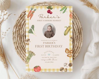 First farmers market birthday party invitation,1st birthday party digital invite,locally grown invite,neutral invite,EDITABLE template,Canva