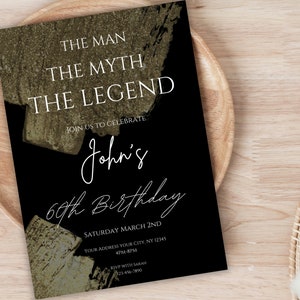 Editable 60th birthday invitation, 60th birthday invitation for men, black and gold birthday invitation, digital invitation template