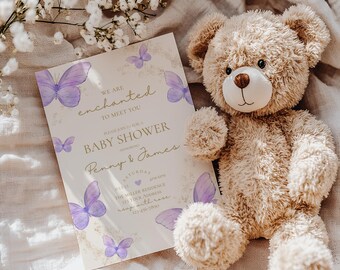 We are enchanted to meet you baby shower invitation,butterfly invite,baby girl shower invite,purple butterfly,EDITABLE template,canva