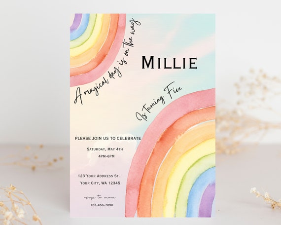 Watercolor Rainbow Birthday Invitation: Girls Party (Digital Invite)