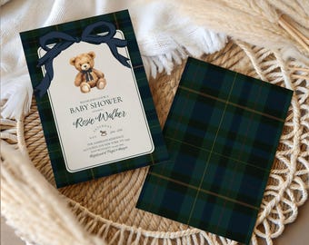 Polo Teddy Baby Shower Editable Invitation,Gender Neutral Classic Plaid,Tartan Equestrian,Lauren Teddy Bear,Editable template,Canva