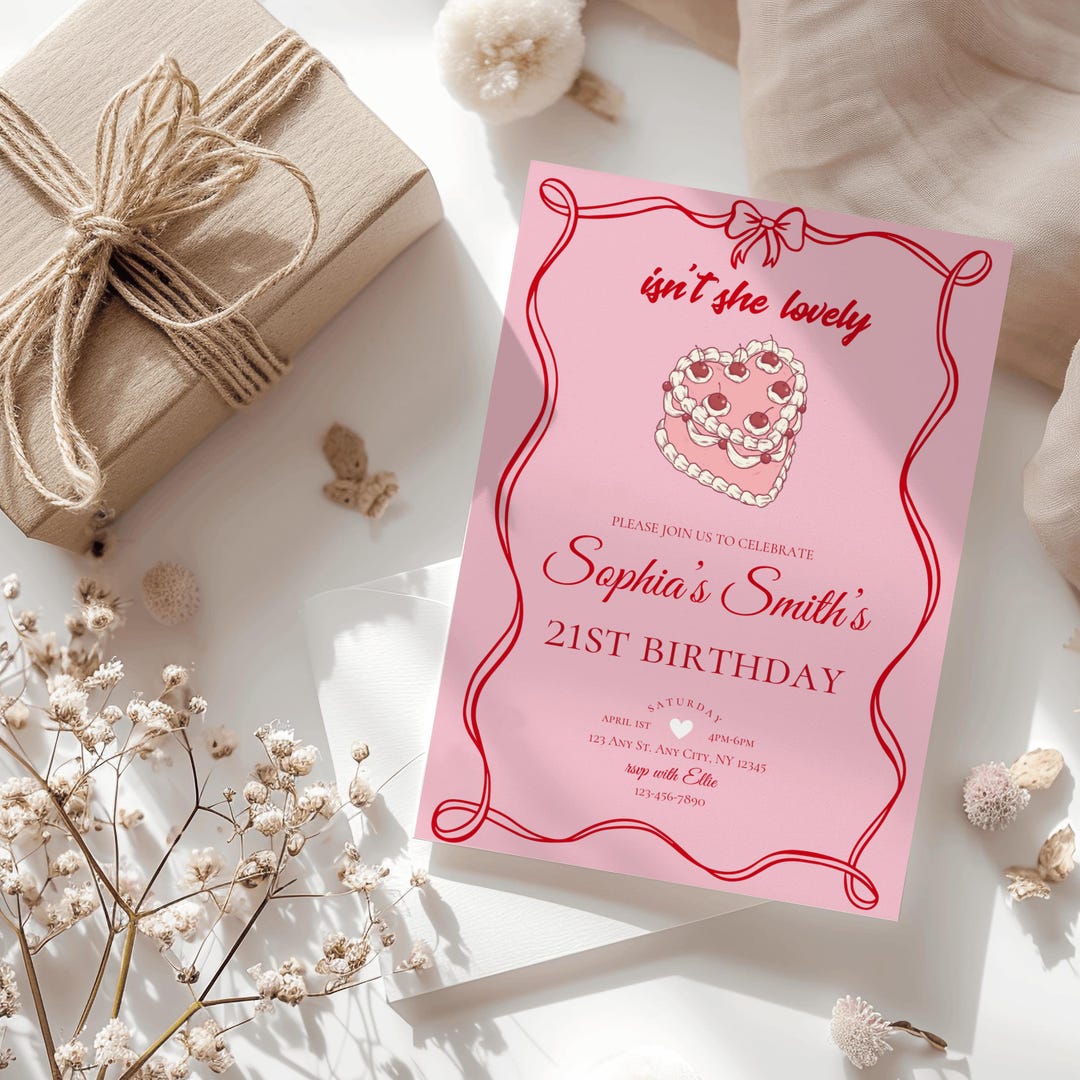 Pink Invitations Heart Pink Heart Cake Birthday Invitation: Retro Bow Design (EDITABLE Canva ...
