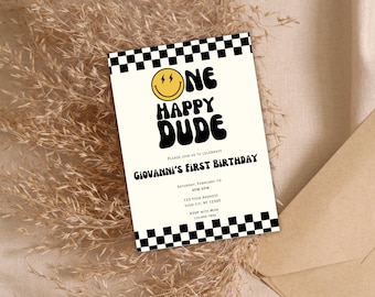 One Happy Dude birthday invitation, fist birthday invitation boy first birthday digital invitation template, groovy first birthday