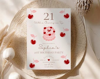 21 with a cherry on top birthday party invitation,cherry on top invite,any age invite,coquette birthday invite,editable template,canva