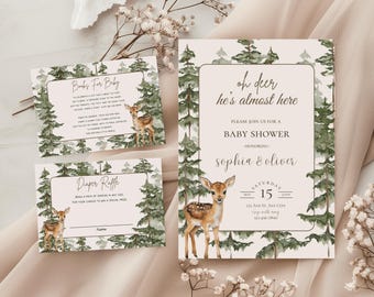 Oh deer he’s almost here baby shower invitation suite,deer baby shower invite,woodland baby shower,forest invite,EDITABLE template,Canva