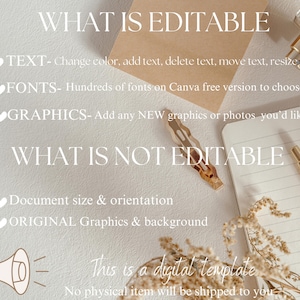 May include: A digital template with text describing editable features: text color, fonts, and graphics. Non-editable features include document size and original graphics. The image includes a notepad, pen, perfume bottle, and decorative elements.