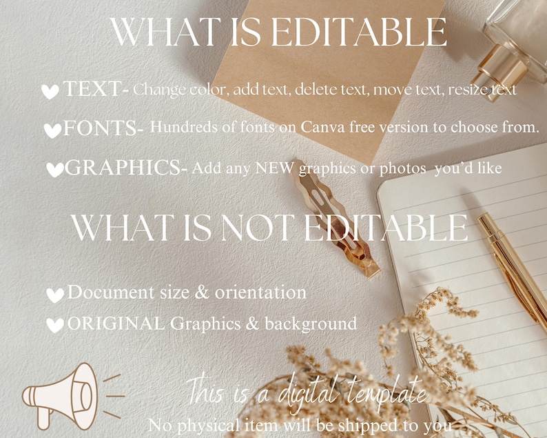 May include: A digital template with text describing editable features: text color, fonts, and graphics. Non-editable features include document size and original graphics. The image includes a notepad, pen, perfume bottle, and decorative elements.