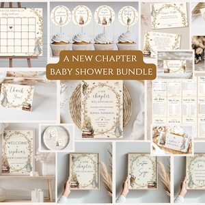 Ett nytt kapitel börjar snart babyshower-paket, babyshower-dekorationer för nytt kapitel, babyshower-paket med boktema, REDIGERINGSBAR mall, Canva