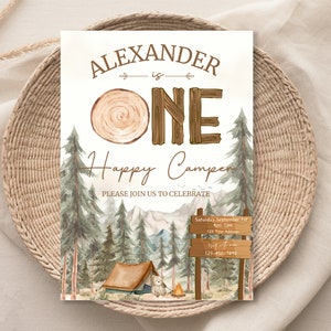 ONE Happy Camper Birthday Party Invitation,Camping Birthday Invitation,First Birthday party Invite,1st birthday Invitation,EDITABLE template