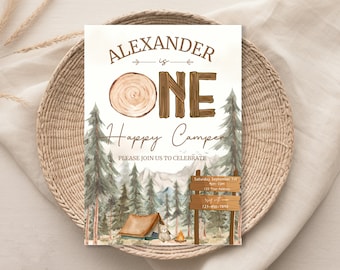 ONE Happy Camper Birthday Party Invitation,Camping Birthday Invitation,First Birthday party Invite,1st birthday Invitation,EDITABLE template