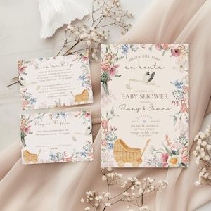 Speciale bezorging en route babyshowersuite, uitnodiging babyshower ooievaar, speciale bezorging, genderneutrale uitnodiging, BEWERKBARE sjabloon